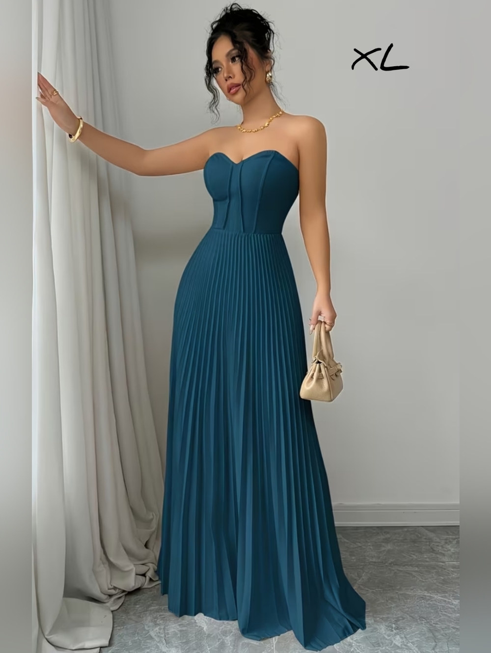 Elegant strapless full length pleated gown, XL, Teal